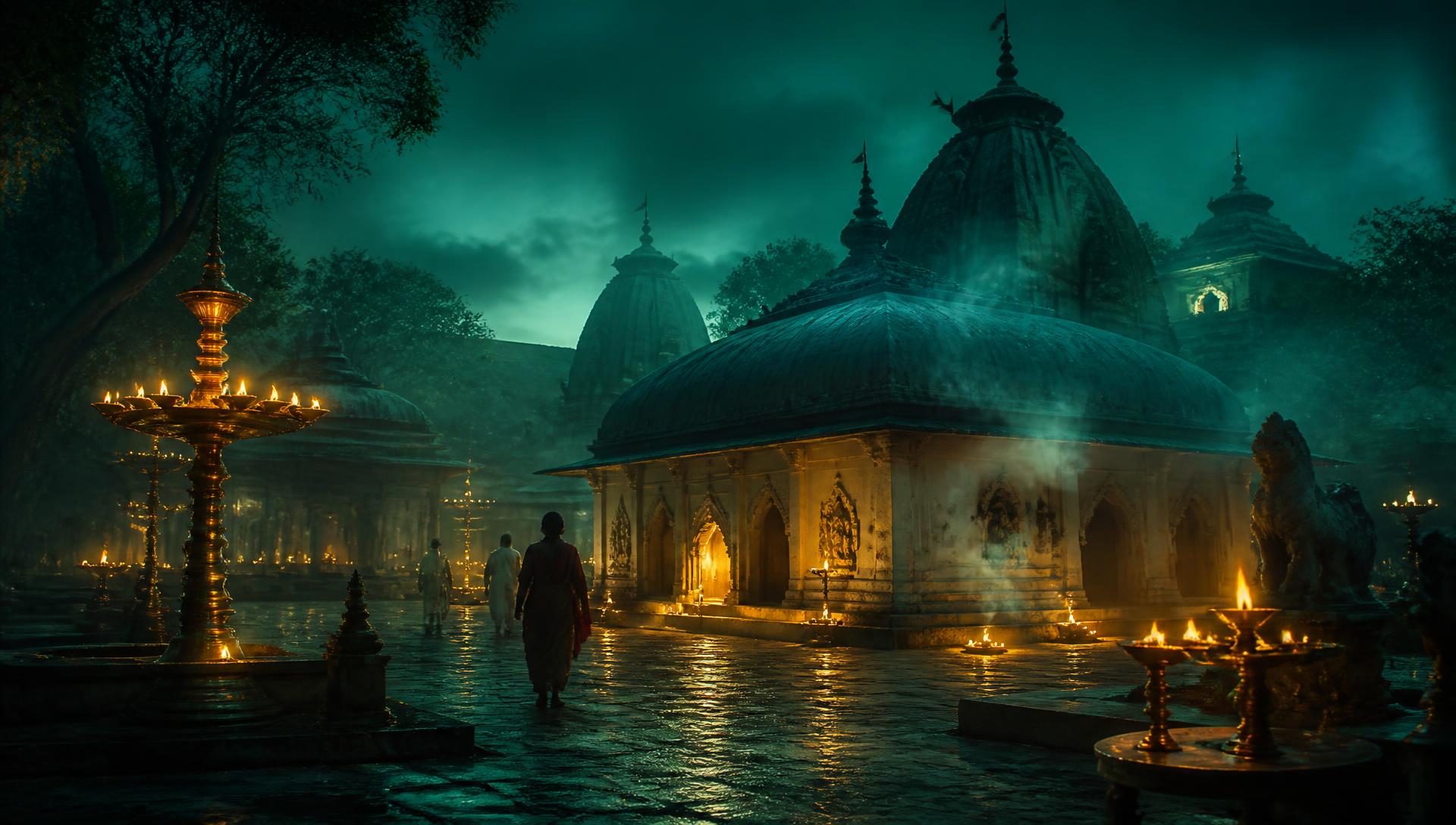 Lamp-lit Assamese temple courtyard at dusk